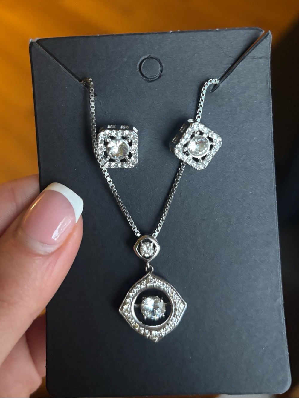 Silver Cubic Zirconia Pendant Necklace and Stud Earring Set - Silver
